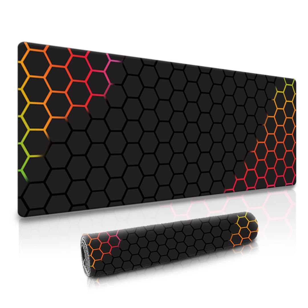 Hexagonal Pattern Desk Mat | Water-Resistant Anti-Slip Desk Pad | Extended Gaming Mouse Pad with Rubber Stitched Edges (800mm x 300mm x 3mm) for Laptop & Computer – Black & Orange