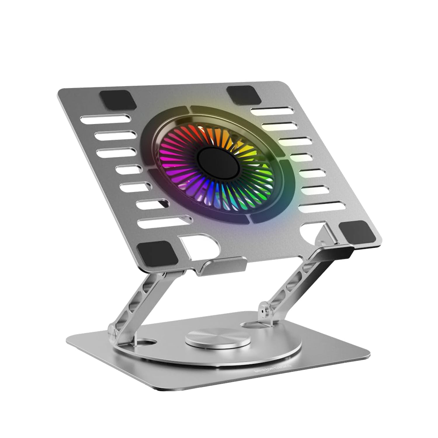 Laptop Stand with Cooling Fan (Silver) | 360° Rotating Base | Adjustable Height & Angle | RGB Lights | Sturdy Aluminium Alloy | Fits Up to 15.6” Laptops & Tablets