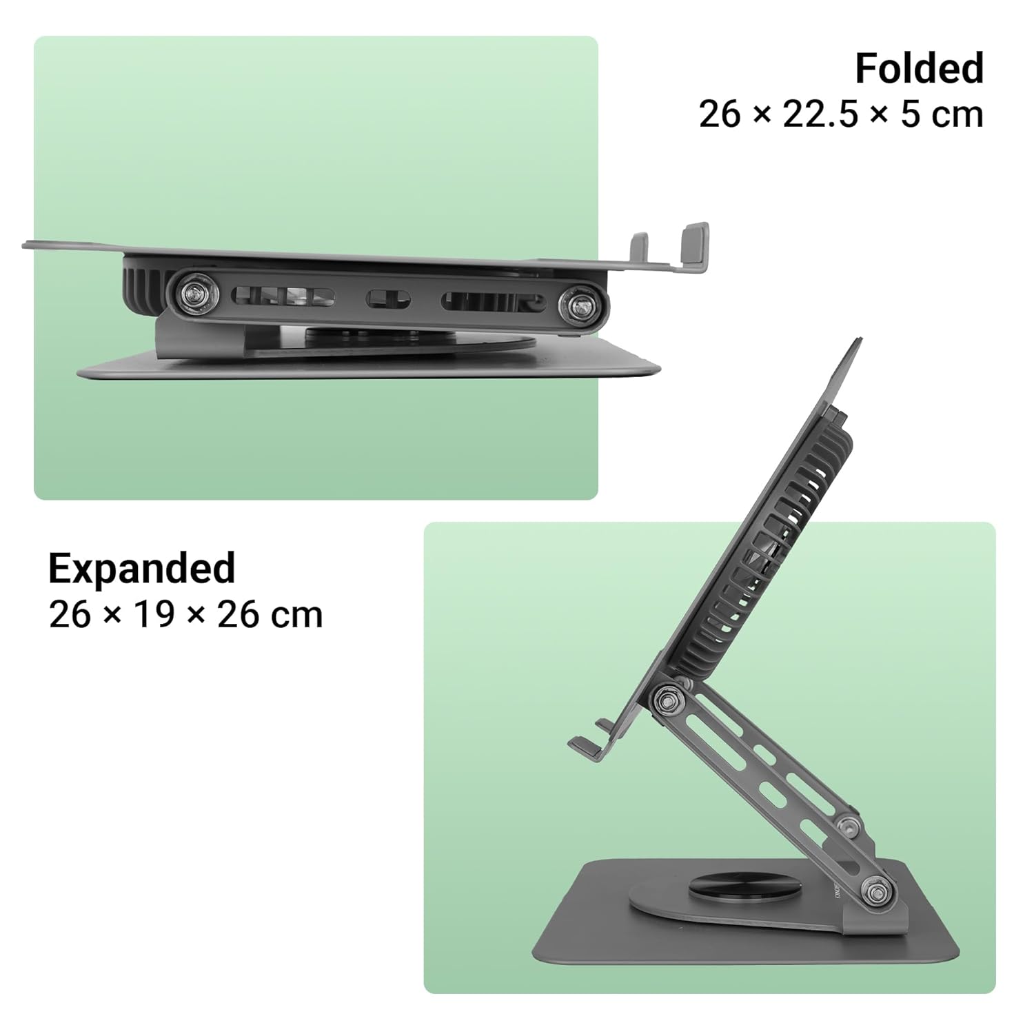 Rotatable Laptop Metal Stand, Upto 17 inch, 360° Fidget Rotation, Foldable, Multi Angle Adjustment, Type C Detachable RGB Magnetic Fan, Anti-Slip Silicone Pads, Carbon Steel Body
