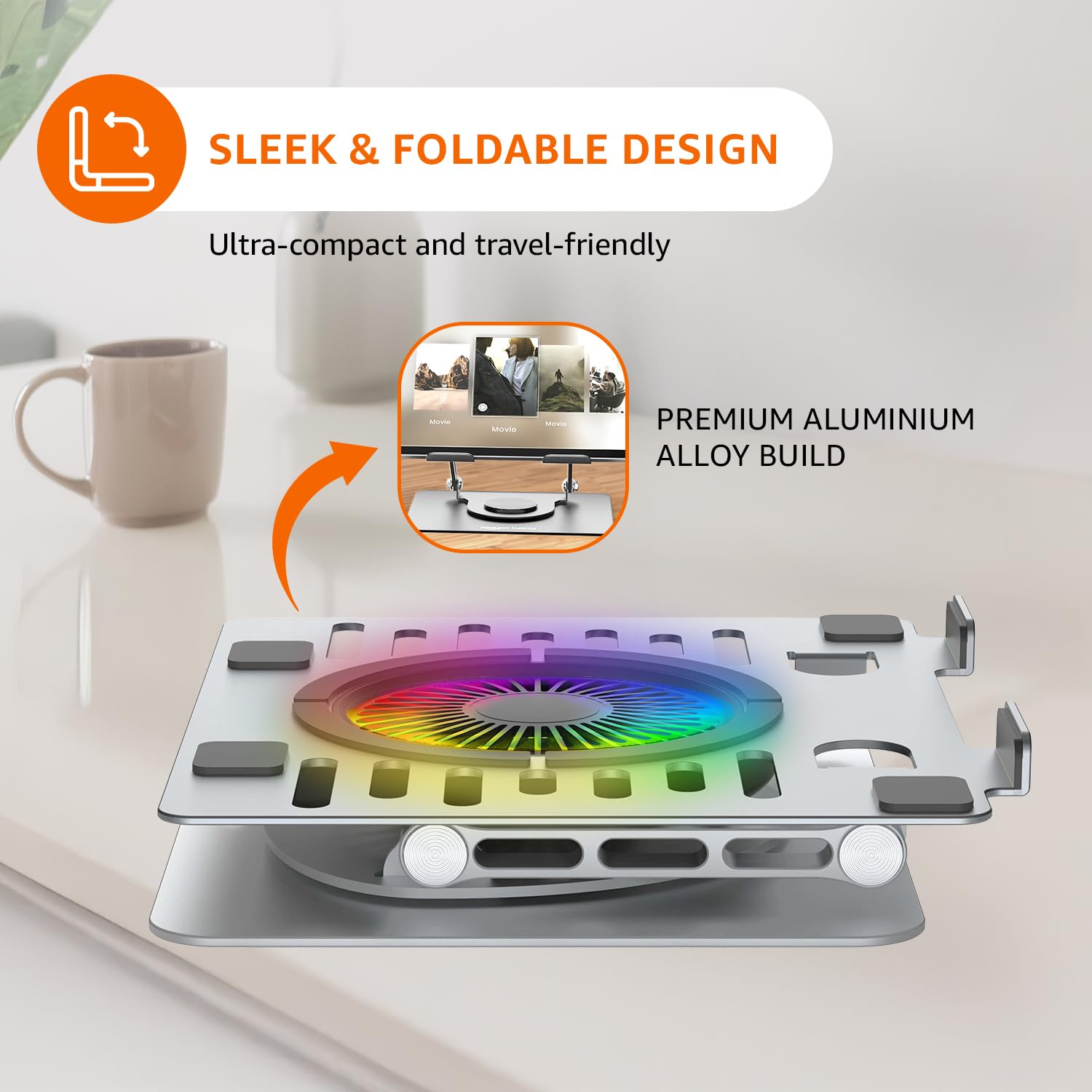 Laptop Stand with Cooling Fan (Silver) | 360° Rotating Base | Adjustable Height & Angle | RGB Lights | Sturdy Aluminium Alloy | Fits Up to 15.6” Laptops & Tablets