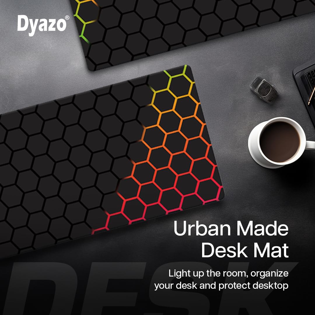 Hexagonal Pattern Desk Mat | Water-Resistant Anti-Slip Desk Pad | Extended Gaming Mouse Pad with Rubber Stitched Edges (800mm x 300mm x 3mm) for Laptop & Computer – Black & Orange