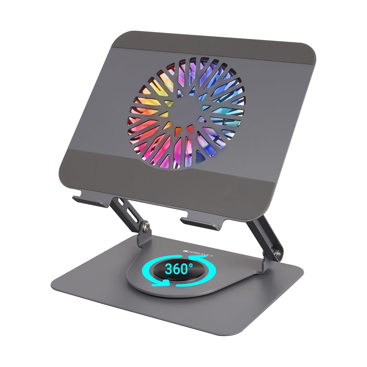 Rotatable Laptop Metal Stand, Upto 17 inch, 360° Fidget Rotation, Foldable, Multi Angle Adjustment, Type C Detachable RGB Magnetic Fan, Anti-Slip Silicone Pads, Carbon Steel Body