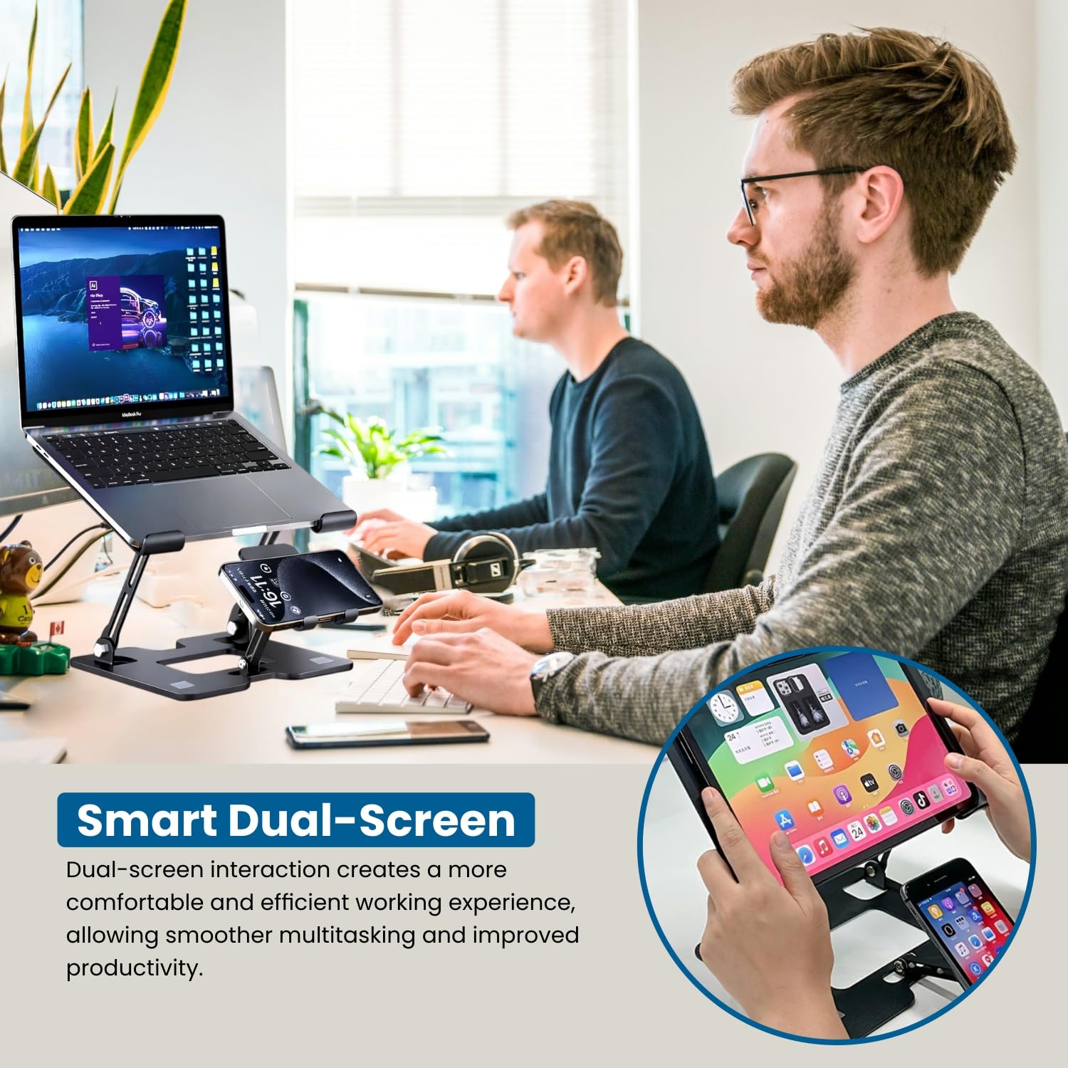 Foldable Metal Laptop & Mobile Stand with Dual Cooling Fans | Adjustable Height & Angle | Ventilated Silent Operation | Compatible for MacBook, HP, Dell, Acer, Lenovo & Other Notebooks (Black)