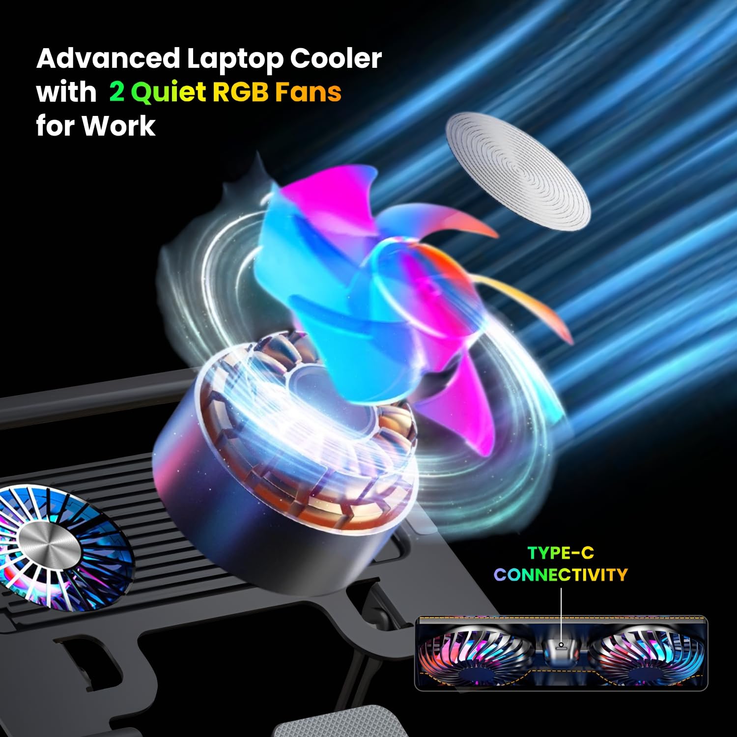 Foldable Metal Laptop & Mobile Stand with Dual Cooling Fans | Adjustable Height & Angle | Ventilated Silent Operation | Compatible for MacBook, HP, Dell, Acer, Lenovo & Other Notebooks (Black)