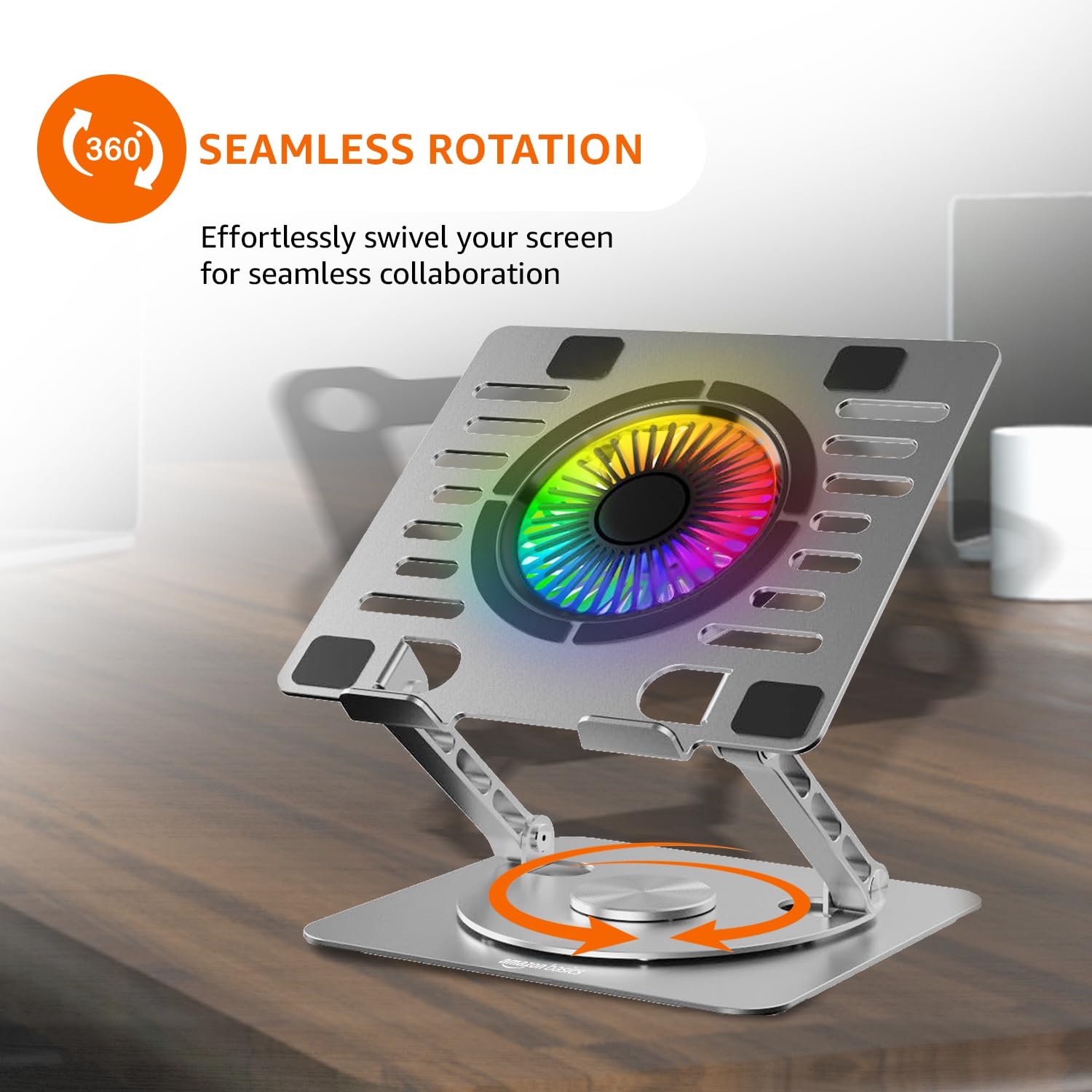 Laptop Stand with Cooling Fan (Silver) | 360° Rotating Base | Adjustable Height & Angle | RGB Lights | Sturdy Aluminium Alloy | Fits Up to 15.6” Laptops & Tablets
