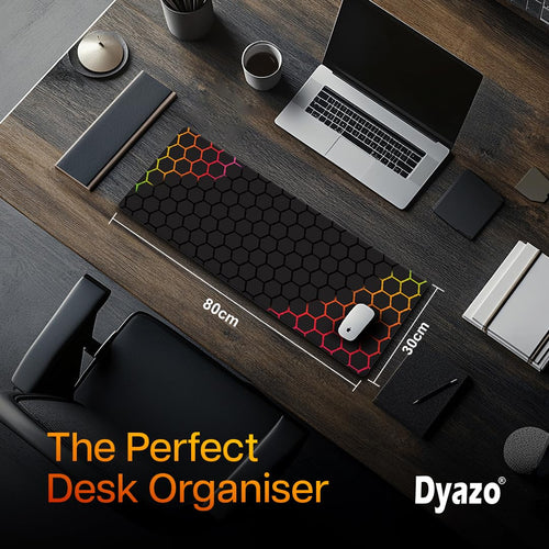 Hexagonal Pattern Desk Mat | Water-Resistant Anti-Slip Desk Pad | Extended Gaming Mouse Pad with Rubber Stitched Edges (800mm x 300mm x 3mm) for Laptop & Computer – Black & Orange