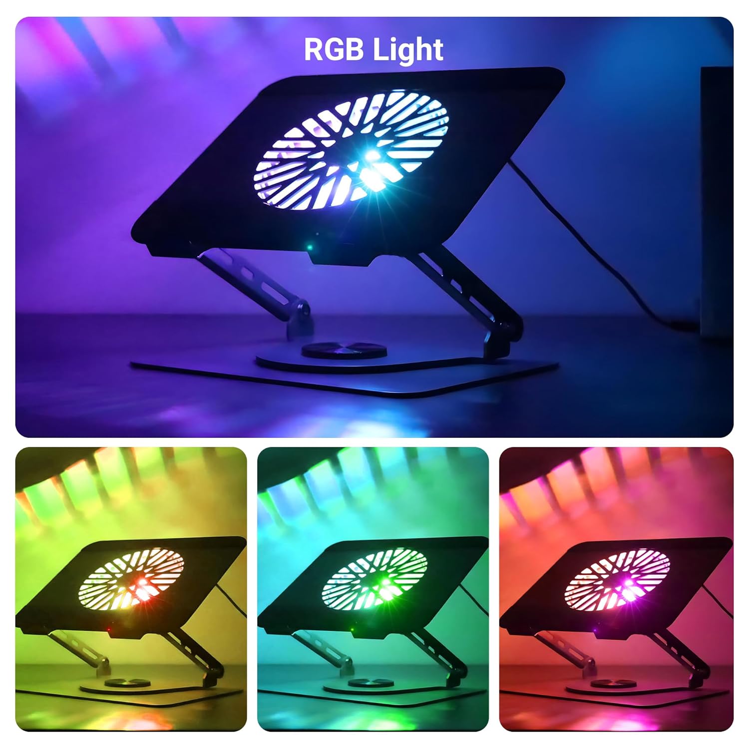 Rotatable Laptop Metal Stand, Upto 17 inch, 360° Fidget Rotation, Foldable, Multi Angle Adjustment, Type C Detachable RGB Magnetic Fan, Anti-Slip Silicone Pads, Carbon Steel Body