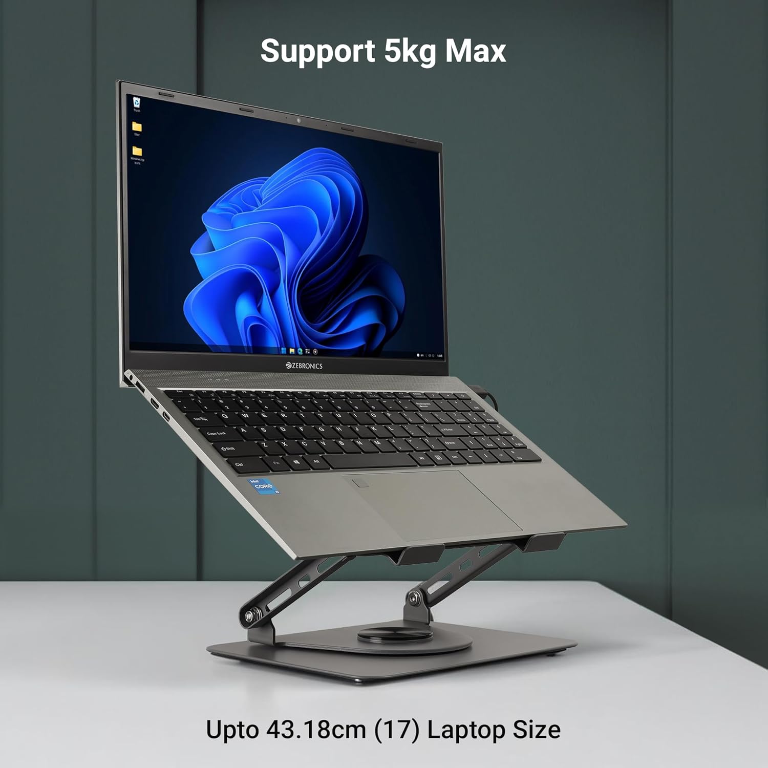 Rotatable Laptop Metal Stand, Upto 17 inch, 360° Fidget Rotation, Foldable, Multi Angle Adjustment, Type C Detachable RGB Magnetic Fan, Anti-Slip Silicone Pads, Carbon Steel Body