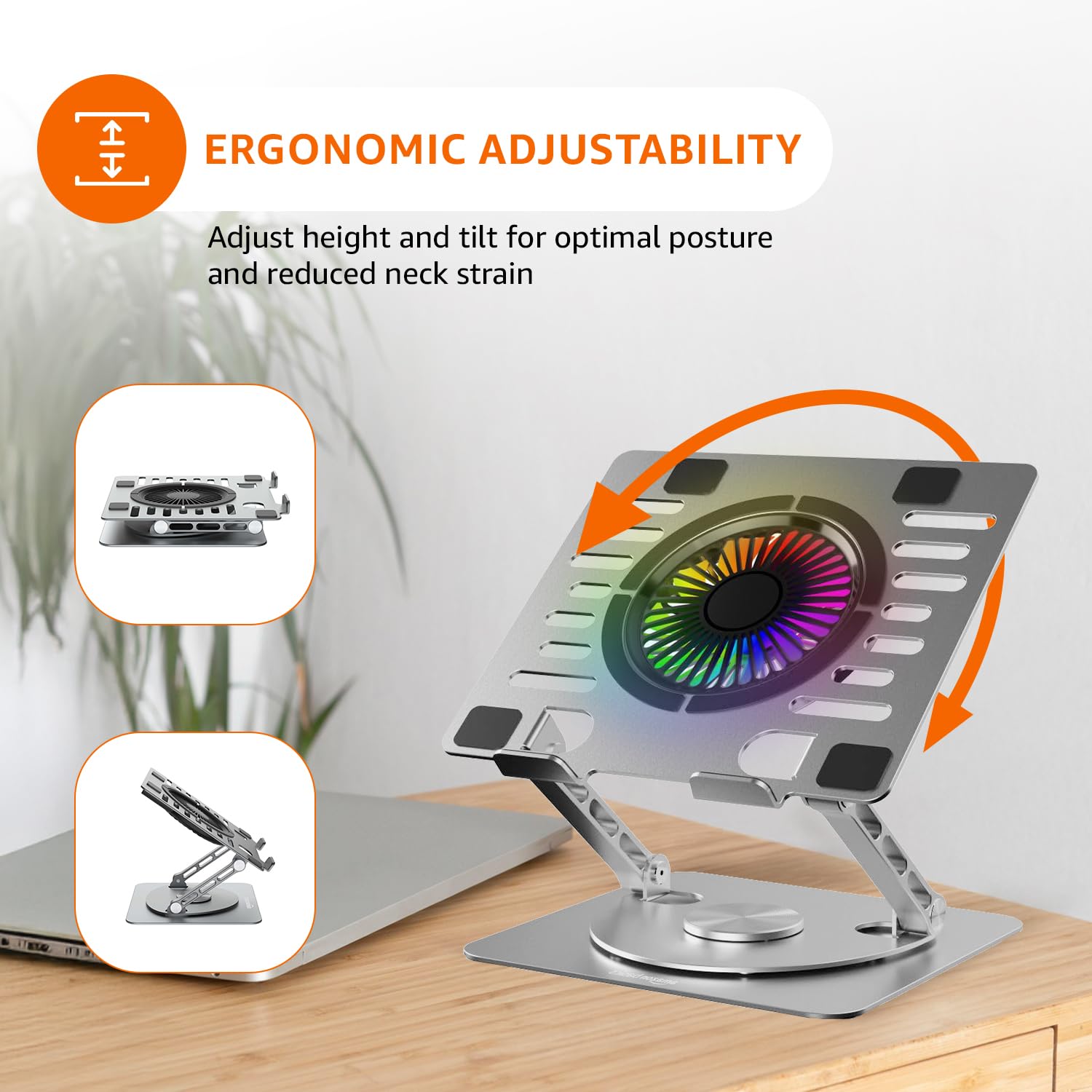 Laptop Stand with Cooling Fan (Silver) | 360° Rotating Base | Adjustable Height & Angle | RGB Lights | Sturdy Aluminium Alloy | Fits Up to 15.6” Laptops & Tablets