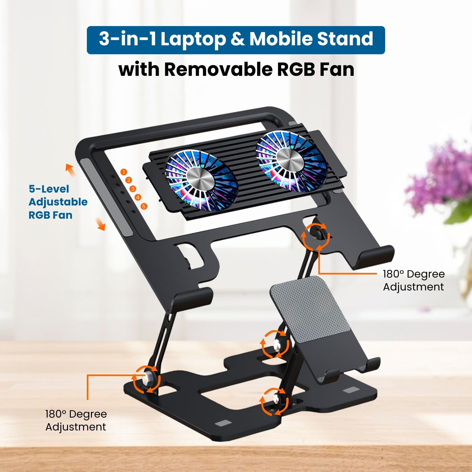 Foldable Metal Laptop & Mobile Stand with Dual Cooling Fans | Adjustable Height & Angle | Ventilated Silent Operation | Compatible for MacBook, HP, Dell, Acer, Lenovo & Other Notebooks (Black)