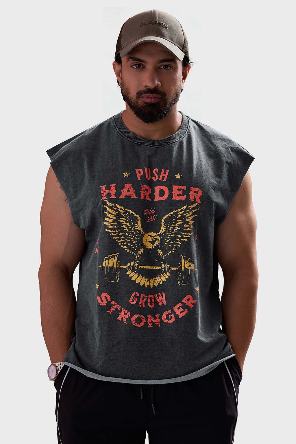 Push Harder Washed Capsleeves Tank Dark Grey